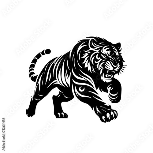 Black and white illustration of a running tiger. professional vector logo of a tiger. Tattoo design for a big cat.