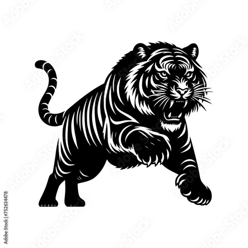 Black and white illustration of a running tiger. professional vector logo of a tiger. Tattoo design for a big cat.