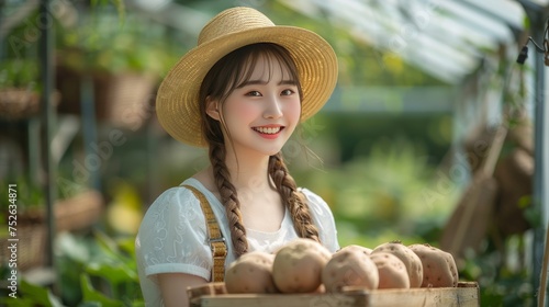 One young woman wore her hair in pigtails and wore a straw hat. She expressed happiness while holding a wooden box full of potatoes. Among the potatoes in the greenhouse