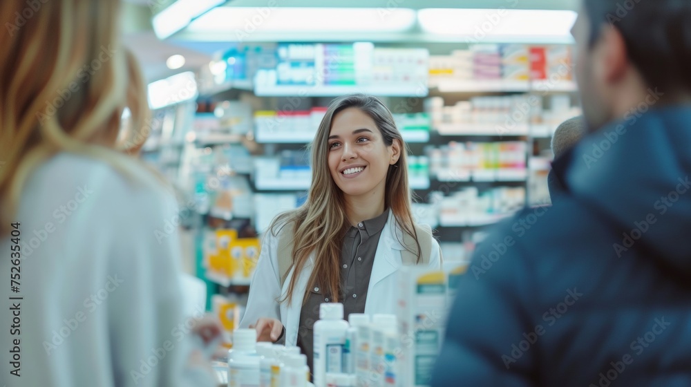 Pharmacist is assisting customer in a drug store Pharmacist is assisting customer in a drug store