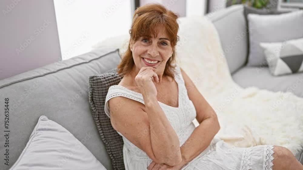 Middle age woman wearing dress sitting on sofa pointing with finger to the camera and to you, confident gesture looking serious at home Middle age woman wearing dress sitting on sofa pointing with finger to the camera and to you, confident gesture looking serious at home