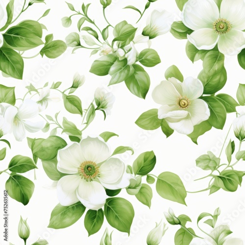 Elegant White Magnolia Seamless Pattern for Fabric and Wallpaper. Vintage Floral Design with Beautiful Flowers and Green Leaves on White Background, Perfect for Spring and Summer Projects. © katrin888