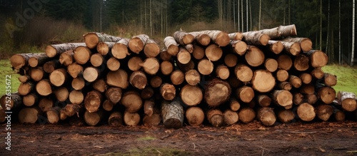 A pile of logs sits in the middle of a forest  next to a tree  forming an extended row. These logs are ready for use as firewood or building material.