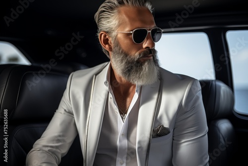 Serious bearded man sitting in the backseat of a luxurious black car, wearing a stylish white suit and trendy sunglasses, looking out of the window with a thoughtful expression © katrin888