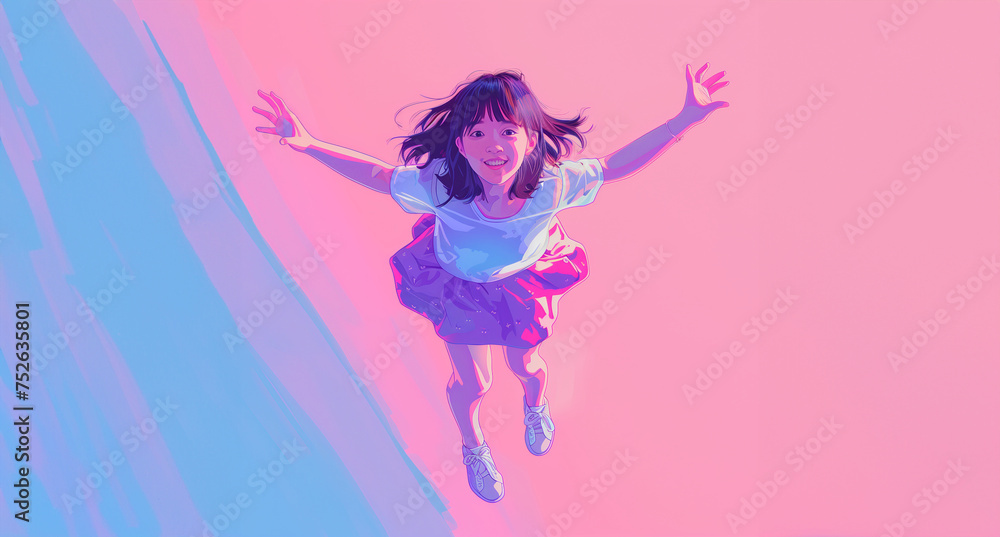 Leap into Joy. A vibrant digital illustration of a young girl joyfully jumping into the air Leap into Joy. A vibrant digital illustration of a young girl joyfully jumping into the air
