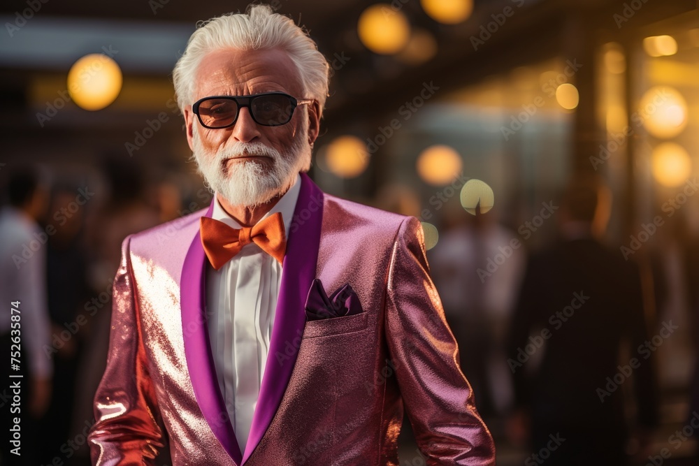Elegant Senior Man in Pink Suit and Bow Tie, Standing Proudly Against Mesmerizing City Lights on Captivating Night Scene, Embodies Timeless Grace and Charm with Refined Elegance and Sophistication Elegant Senior Man in Pink Suit and Bow Tie, Standing Proudly Against Mesmerizing City Lights on Captivating Night Scene, Embodies Timeless Grace and Charm with Refined Elegance and Sophistication