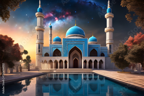Beautiful Mosque with Galaxy Background for Ramadan Background