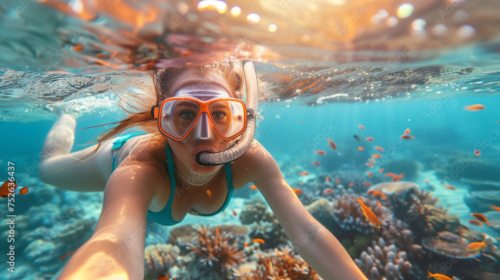 women snorkeling and dive underwater with Nemo fishes in the coral reef Travel lifestyle, swim activity on a summer beach holiday in Saint Lucia - obrazy, fototapety, plakaty 