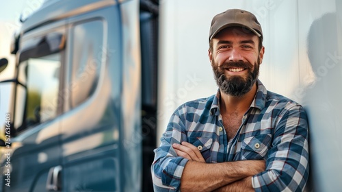 Truck driver in front of the car