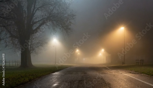 foggy street during the night