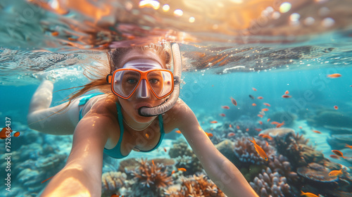 women snorkeling and dive underwater with Nemo fishes in the coral reef Travel lifestyle, swim activity on a summer beach holiday in Saint Lucia