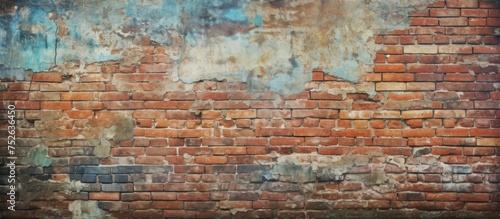 An old brick wall with peeling paint shows signs of weathering and decay. The worn texture adds character and history to the vintage background.
