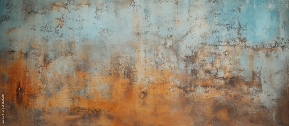 A rusted metal wall stands in front of a vivid blue and yellow background, creating a striking contrast of colors. The rusted texture of the metal adds character to the scene.