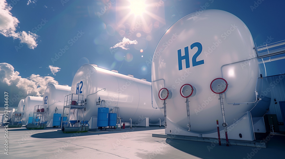 Hydrogen Gas tank renewable energy production - hydrogen gas pipeline for clean electricity solar and wind turbine facility. green energy - obrazy, fototapety, plakaty 