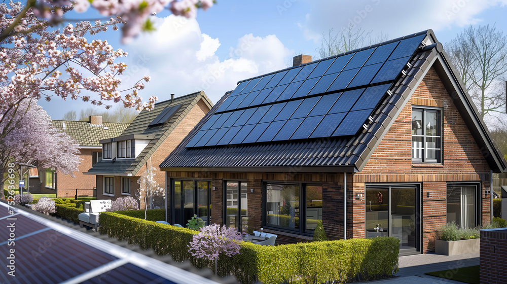 Solar energy, A family house building with solar panels on the roof in a residential area. blue sky and during the Spring season, a Dutch house with brick walls and roof tiles and blossom tree - obrazy, fototapety, plakaty 