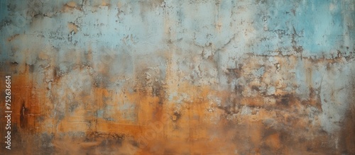 A rusted metal wall stands in front of a vivid blue and yellow background, creating a striking contrast of colors. The rusted texture of the metal adds character to the scene.