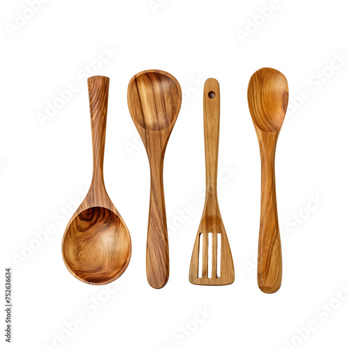 Wooden kitchen utensils isolated on transparent background generative ai