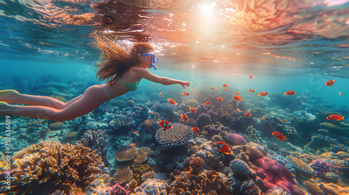 Young woman snorkeling dive underwater with Nemo fishes in the coral reef Travel lifestyle, swim activity on a summer beach holiday in Tahiti photo