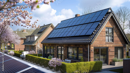 Solar energy, A family house building with solar panels on the roof in a residential area. blue sky and during the Spring season, a Dutch house with brick walls and roof tiles and blossom tree photo