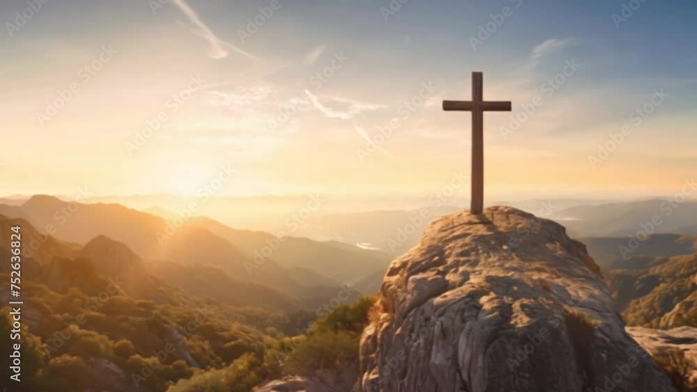 christian cross on large rocky mountain, religion and spiritual concept Generative AI christian cross on large rocky mountain, religion and spiritual concept Generative AI