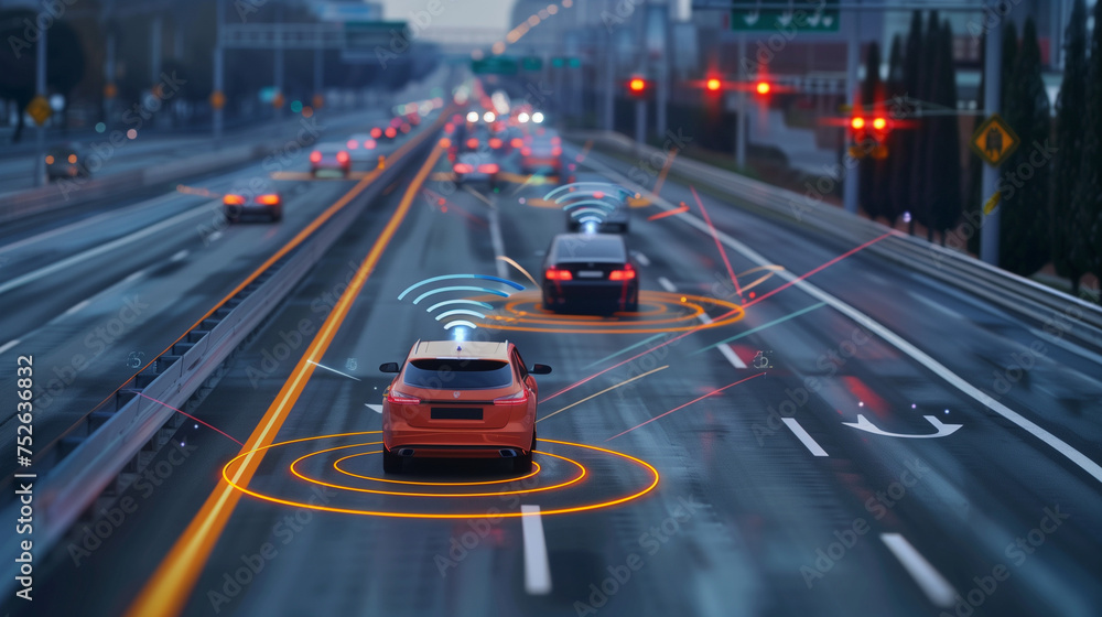 Social infrastructure and communication technology concept. IoT(Internet of Things). Autonomous transportation. top view of the highway with floating icons around at dusk