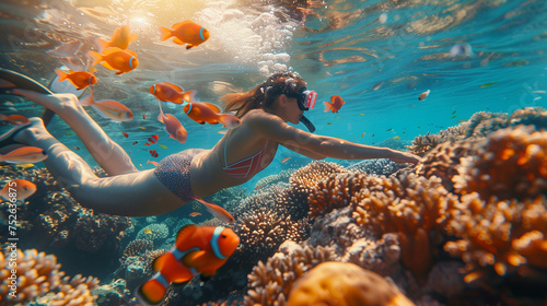 Young woman snorkeling dive underwater with Nemo fishes in the coral reef, women on vacation in Thailand photo