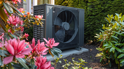 air source heat pump unit installed outdoors at home in the Netherlands, warmte pomp, translation air source heat pump, airco for warming and cooling, outside a modern home at Spring with flowers