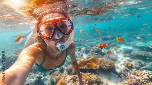 Young woman snorkeling dive underwater with Nemo fishes in the coral reef Travel lifestyle, swim activity on a summer beach holiday in Thailand, female dive underwater photo