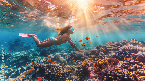 Young female snorkeling dive underwater with Nemo fishes in the coral reef Travel lifestyle, swim activity on a summer beach holiday in Thailand, women snorkleing at coral reef photo