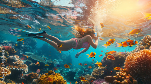 Young women snorkeling dive underwater with Nemo fishes in the coral reef Travel lifestyle, swim activity on a summer beach holiday in Thailand photo