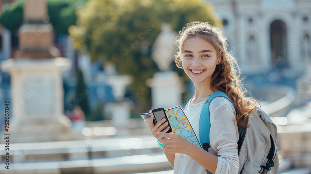 Fototapeta premium Women on a city trip in Rome with a mobile phone and a city map, a female tourist sightseeing in the city visiting the highlight landmarks of Rome Italy, On beautiful summer's day, a woman is smiling