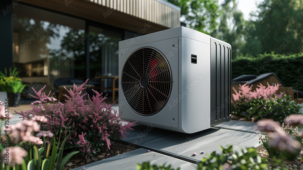 custom made wallpaper toronto digitalair source heat pump unit installed outdoors at home in the Netherlands, warmte pomp, translation air source heat pump, airco for warming and cooling, outside a modern home