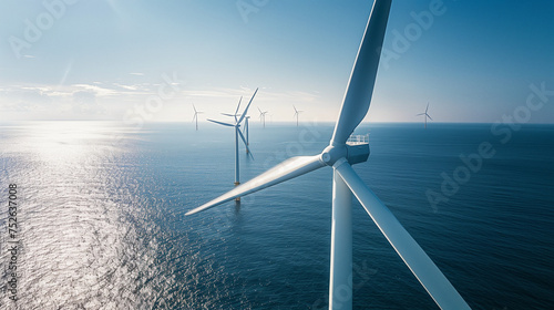 close up of windmill turbines, a windmill park with sand and a blue sky, a windmill farm in Europe, renewable energy, energy transition	