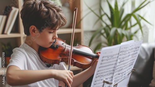 Boy practicing violin with sheet music at home generative ai photo