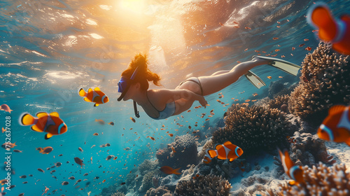 Young woman snorkeling dive underwater with Nemo fishes in the coral reef Travel lifestyle, swim activity on a summer beach holiday in Thailand, women snorkeling at a coral reef photo