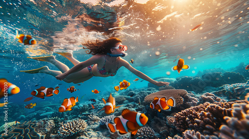 Young woman snorkeling dive underwater with Nemo fishes in the coral reef Travel lifestyle, swim activity on a summer beach holiday in Thailand, women snorkeling photo