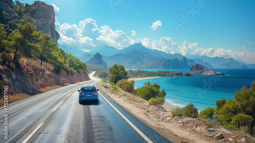 car driving on the road of Europe. road landscape in summer. it's nice to drive on the beachside highway. in Europe, summer road trip on a ocean beach road