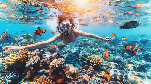 Asian woman snorkeling dive underwater with Nemo fishes in the coral reef Travel lifestyle, swim activity on a summer beach holiday in Thailand photo