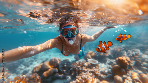 close up of a Young woman snorkeling dive underwater with Nemo fishes in the coral reef Travel lifestyle, swim activity on a summer beach holiday in Thailand photo