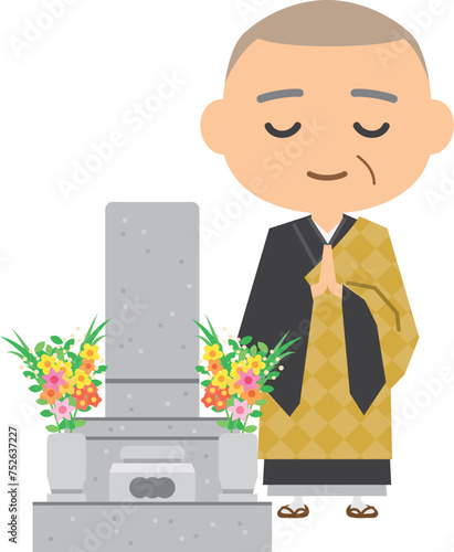 お墓で合掌するお坊さんのイメージイラスト