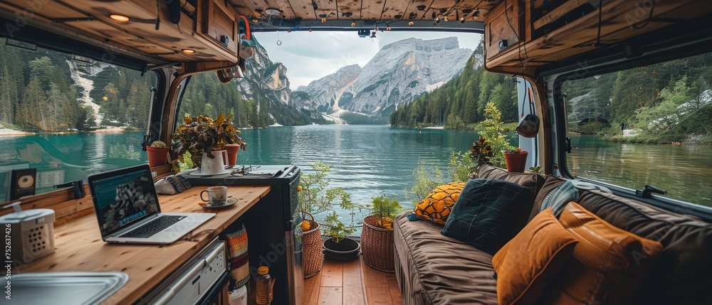 Exploring freedom and adventure, digital nomads share their van office setup in scenic locations promoting remote work.