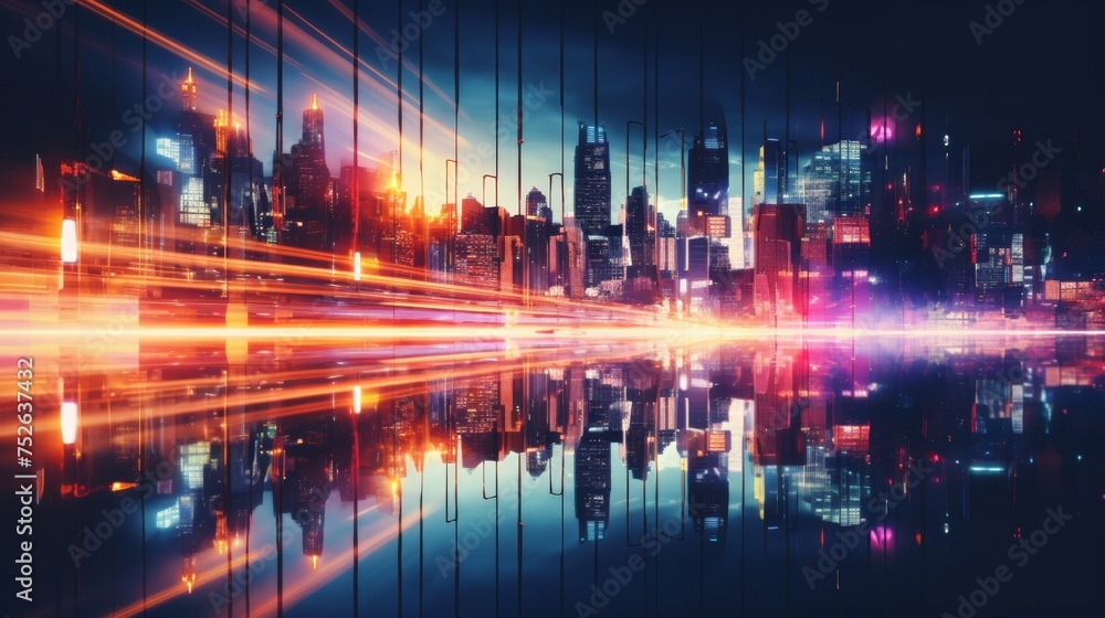 Vibrant city lights at night, blurred with side space for text