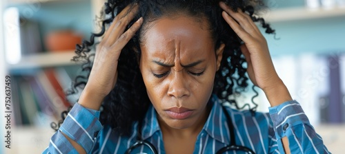 Healthcare anxiety  depressed black woman, tearful surgeon facing mental health challenges.
