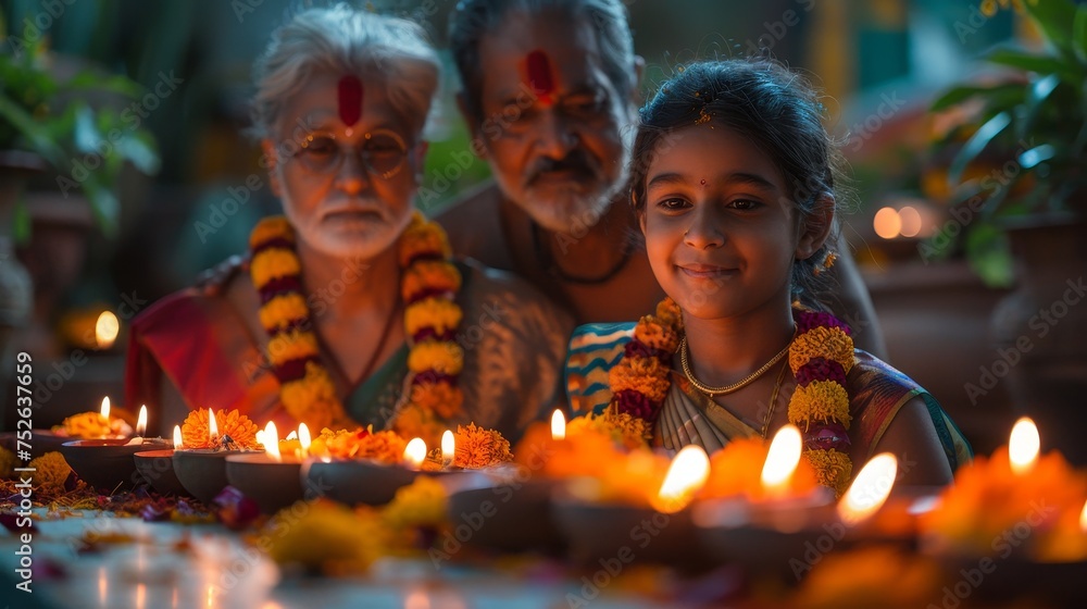 Diwali celebration includes bright lights, adorned homes, candles, lanterns, and family reunions.