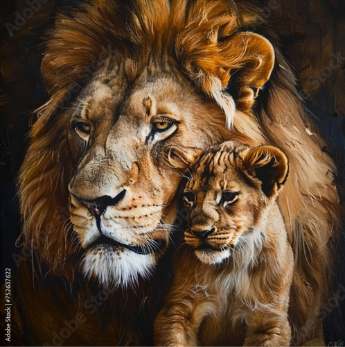 cinematic lighting photo of adult lion with a lion cub