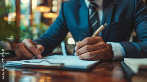 Businessman writing during meeting generative ai