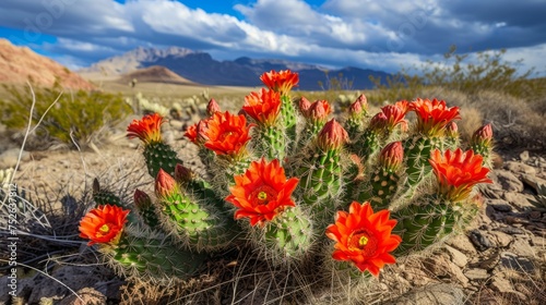 Cactus with vibrant red flowers in a desert generative ai
