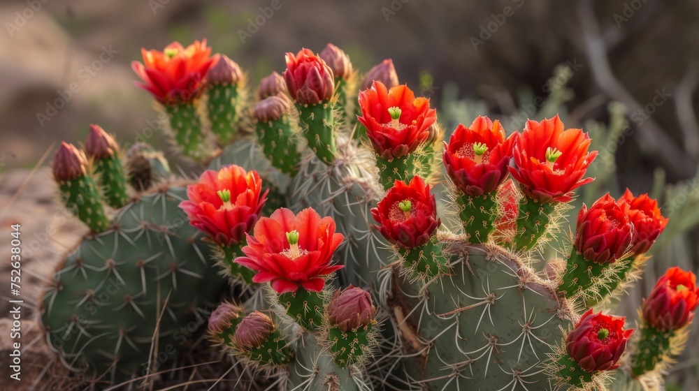 Cactus with vibrant red flowers in a desert generative ai
