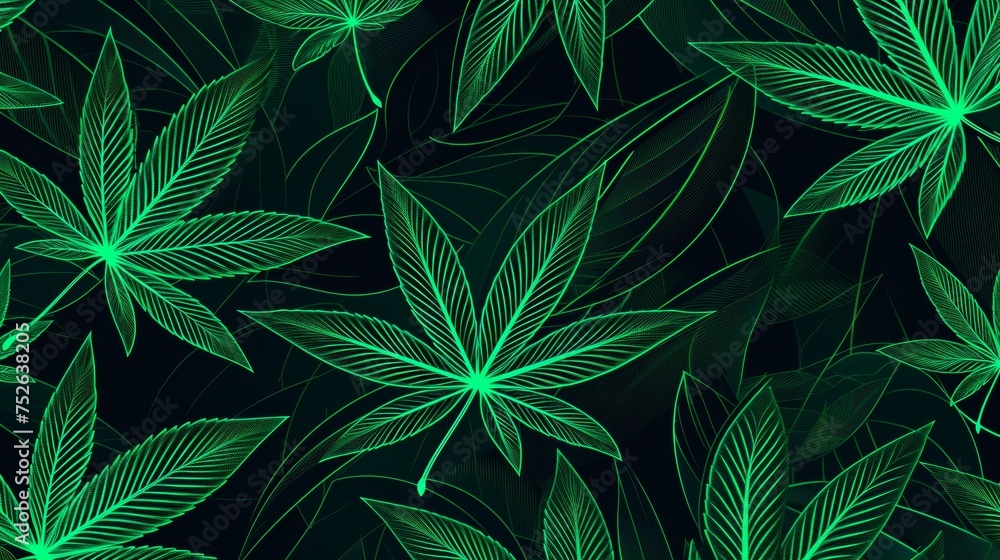 Vector illustration of cannabis plant leaf background seamless pattern.