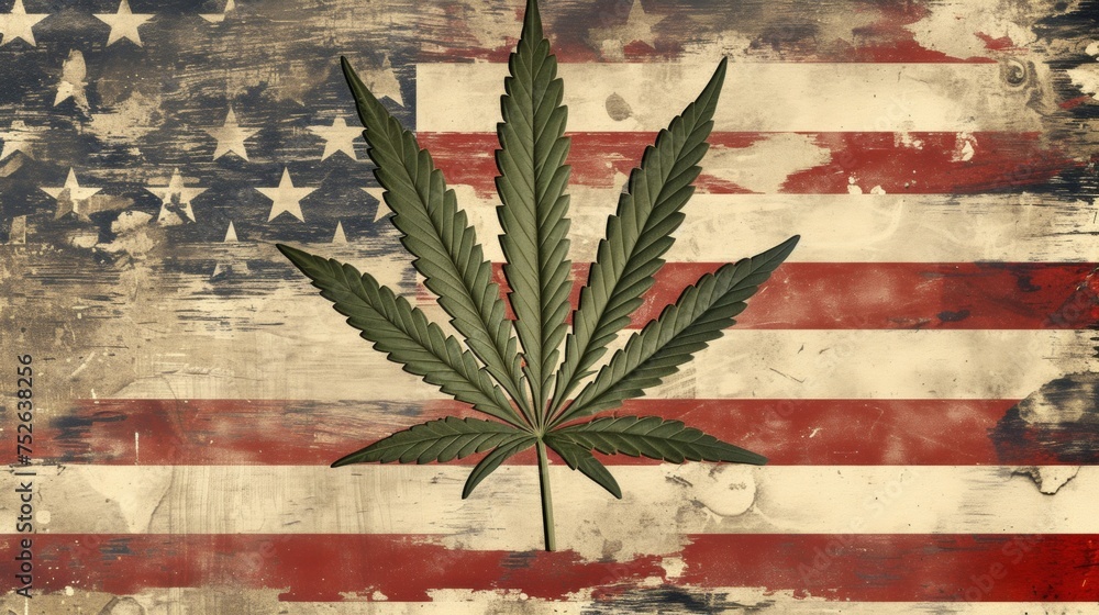 Cannabis plant leaves over vintage US national flag - obrazy, fototapety, plakaty 